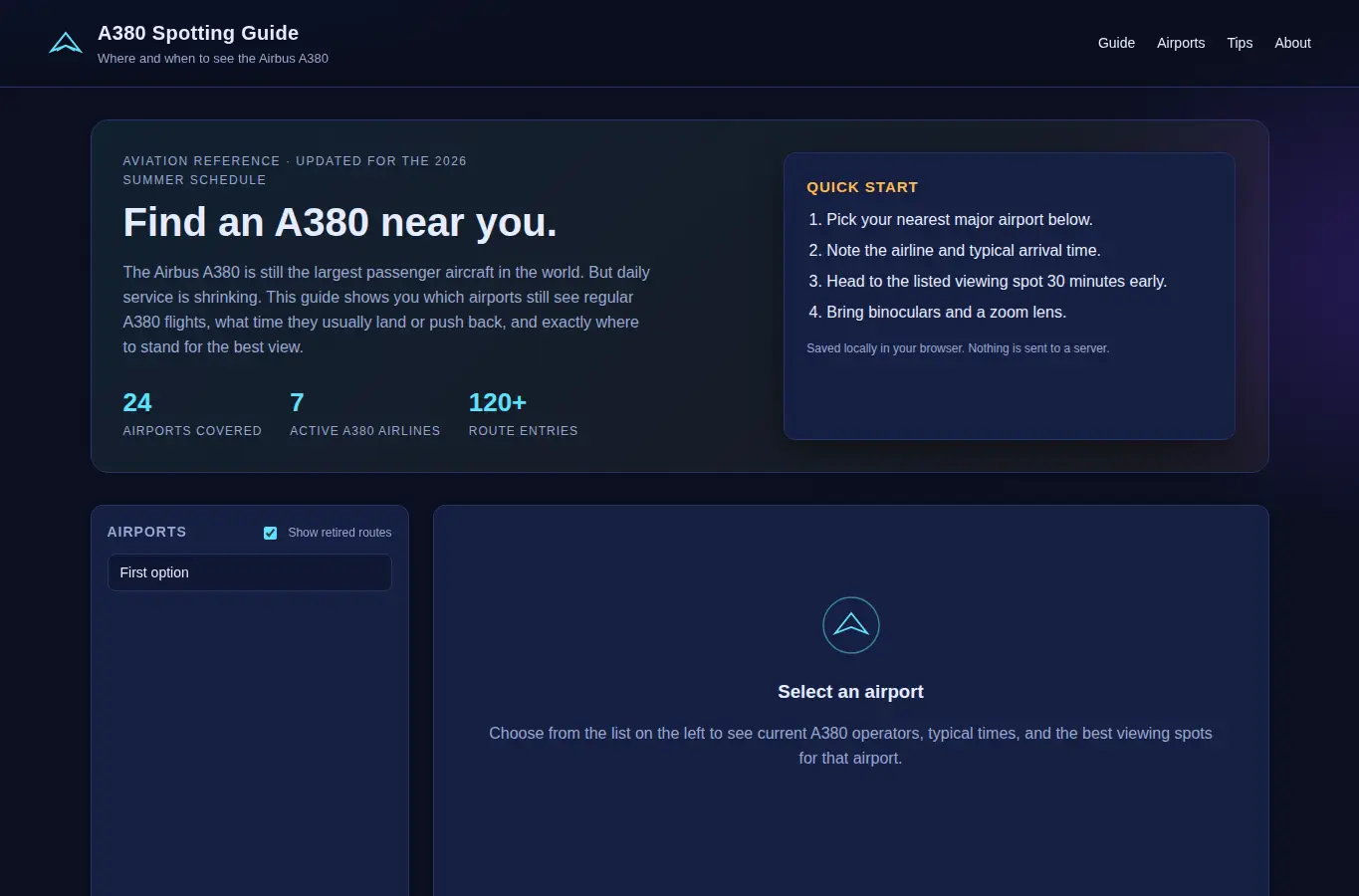 Screenshot of Airbus A380 Spotting Guide interface showing the project page in use